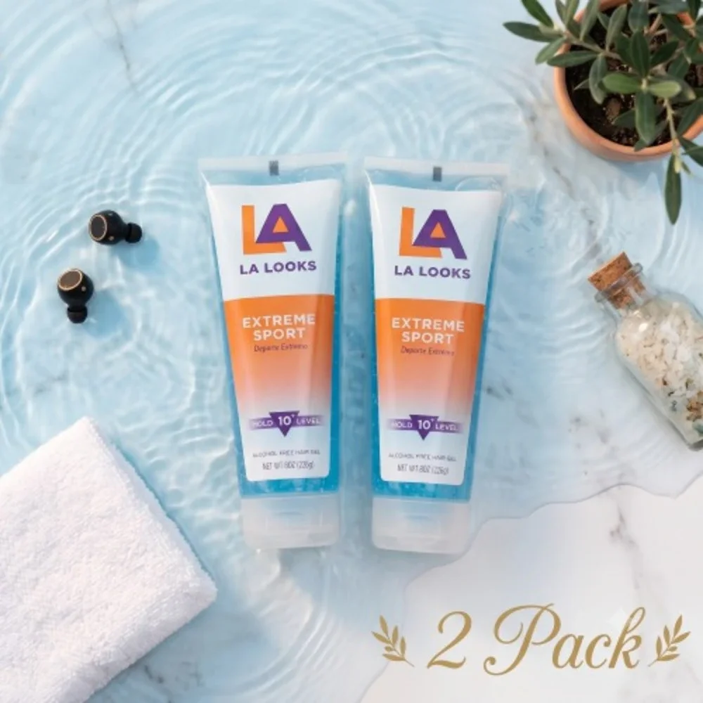 LA Looks Extreme Sport Hair Gel Hold 10+ Level Alcohol Free 8 oz Each Pack of 2